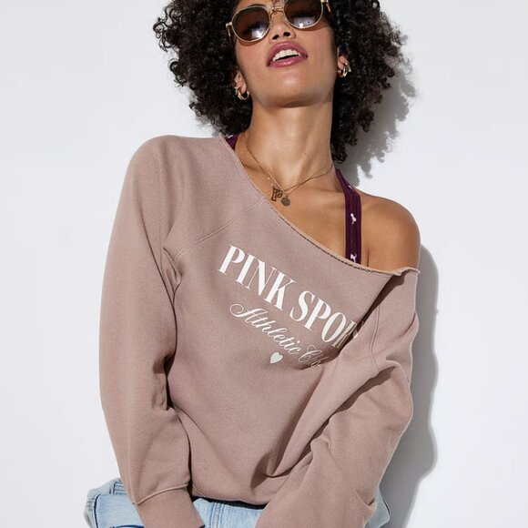 PINK Victoria's Secret Sweaters - Victoria's Secret PINK Ivy Fleece Off-the-Shoulder Sweater Iced Coffee M SOLDOUT